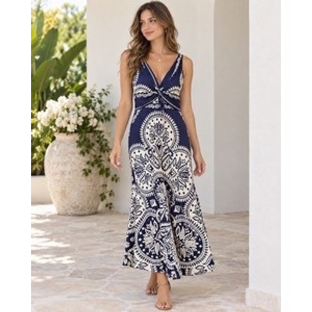 Caroline Constas Navy White Paisley Knot Front Tie Back Maxi Dress XS